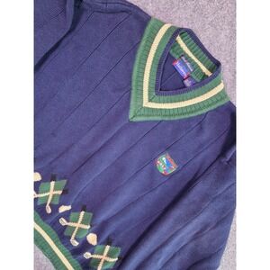Hathaway Golf Sweater Mens XL Navy Blue Hand Intarsia Cotton V-Neck Pullover